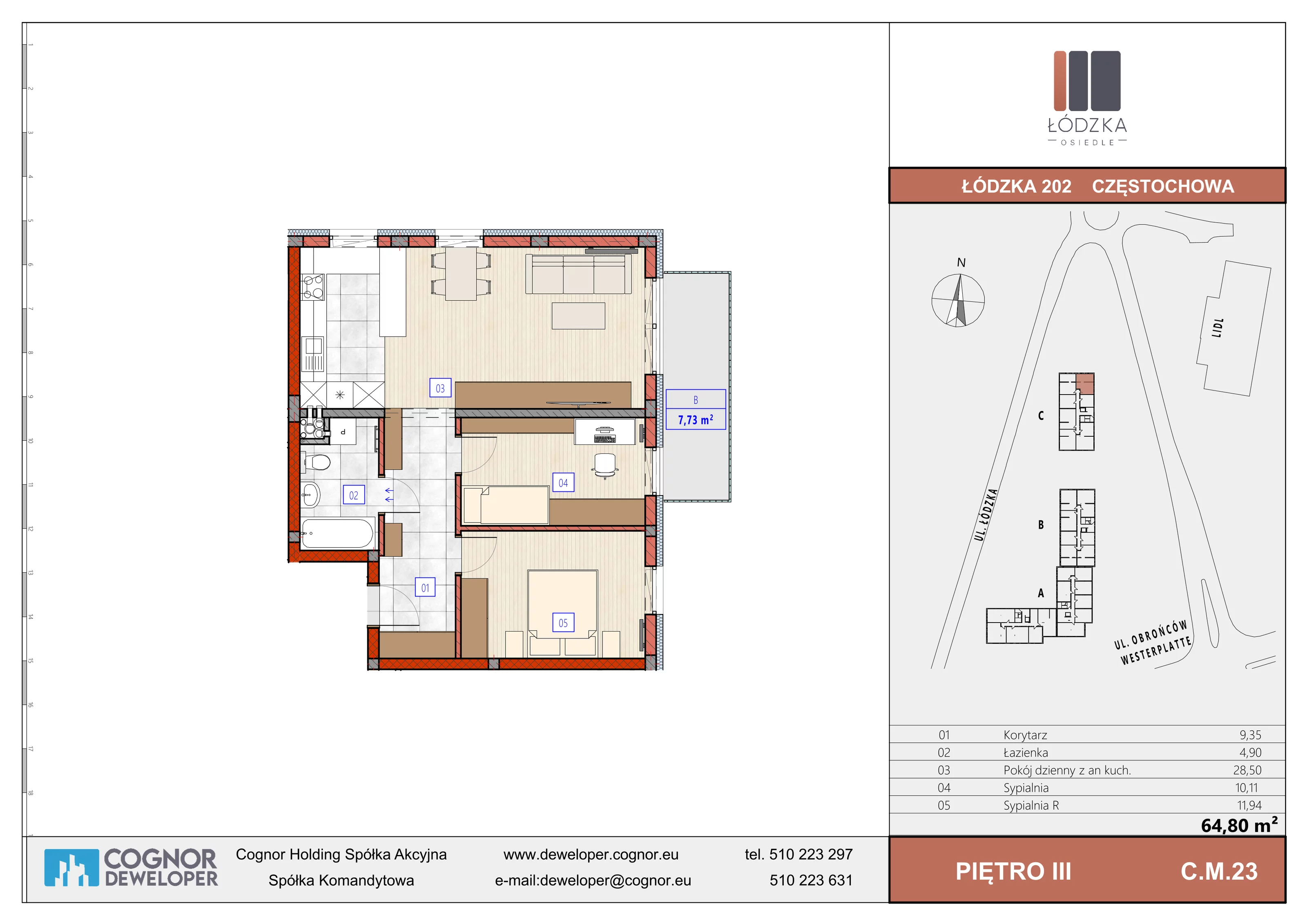 Mieszkanie 64,80 m², piętro 3, oferta nr C.M.23, Łódzka Osiedle, Częstochowa, Częstochówka-Parkitka, ul. Łódzka 198, 200, 202